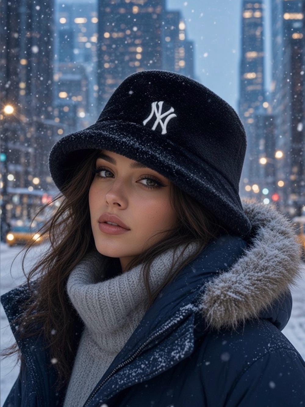 Black Faux Fur NY Yankees Logo Bucket Hat for Women - Classic Streetwear